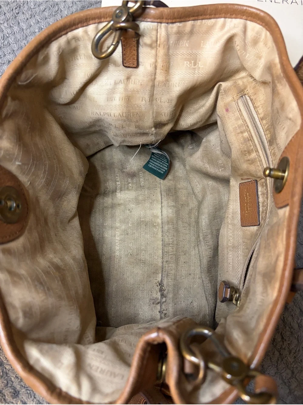Leather Lauren Ralph Lauren, Satchel Handbag in Cognac Tan with Detachable Strap